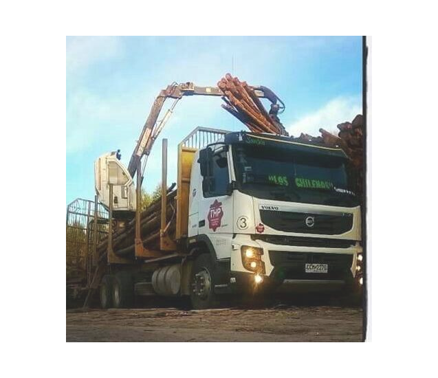Camión Volvo autocargante de THP en operación forestal en Uruguay
