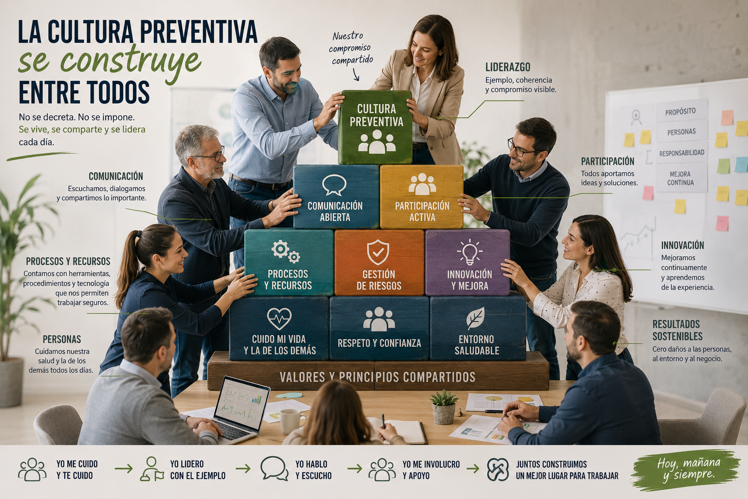 Infografía editorial: equipo construyendo una pirámide de bloques que representa los pilares de la cultura preventiva — liderazgo, comunicación, participación, gestión de riesgos y resultados sostenibles